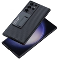 Samsung Galaxy S24 Ultra Kılıf Standlı Suni Deri Sert Karbon Kıpta Kapak - Siyah
