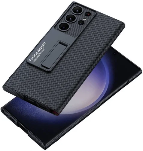 Samsung Galaxy S24 Ultra Kılıf Standlı Suni Deri Sert Karbon Kıpta Kapak - Siyah