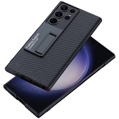 Samsung Galaxy S24 Ultra Kılıf Standlı Suni Deri Sert Karbon Kıpta Kapak - Siyah