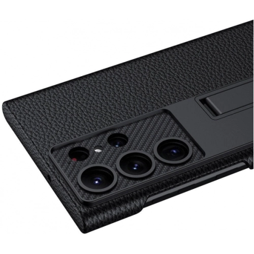 Samsung Galaxy S24 Ultra Kılıf Standlı Suni Deri Sert Karbon Kıpta Kapak - Siyah