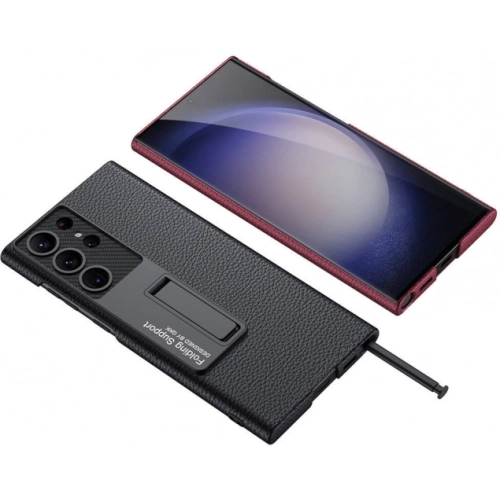 Samsung Galaxy S24 Ultra Kılıf Standlı Suni Deri Sert Karbon Kıpta Kapak - Siyah