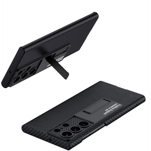Samsung Galaxy S24 Ultra Kılıf Standlı Suni Deri Sert Karbon Kıpta Kapak - Siyah