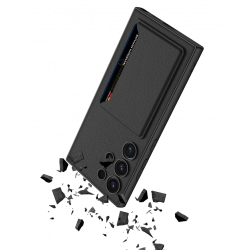 Samsung Galaxy S24 Ultra Kılıf Suni Deri Arka Yüzey Sürgülü Kamera Korumalı Kartlıklı Kıpta Silikon Kapak - Siyah