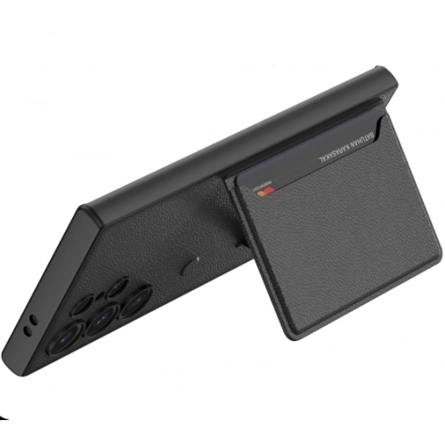 Samsung Galaxy S24 Ultra Kılıf Suni Deri Arka Yüzey Sürgülü Kamera Korumalı Kartlıklı Kıpta Silikon Kapak - Siyah