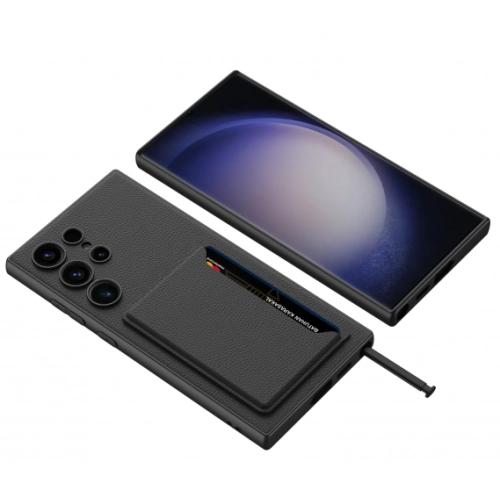 Samsung Galaxy S24 Ultra Kılıf Suni Deri Arka Yüzey Sürgülü Kamera Korumalı Kartlıklı Kıpta Silikon Kapak - Siyah