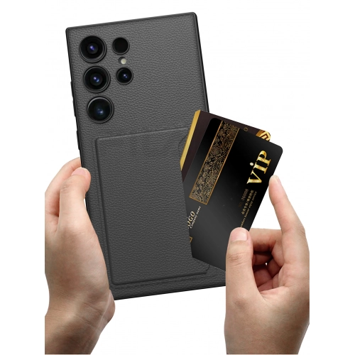 Samsung Galaxy S24 Ultra Kılıf Suni Deri Arka Yüzey Sürgülü Kamera Korumalı Kartlıklı Kıpta Silikon Kapak - Siyah
