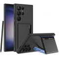 Samsung Galaxy S24 Ultra Kılıf Suni Deri Arka Yüzey Sürgülü Kamera Korumalı Kartlıklı Kıpta Silikon Kapak - Siyah