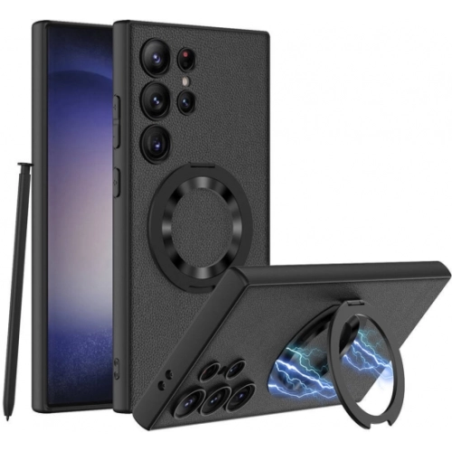 Samsung Galaxy S24 Ultra Kılıf Wireless Şarj Özellikli Zore Kıpta Standlı Magsafe Silikon Kapak - Siyah