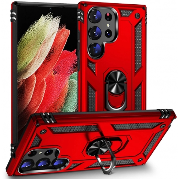 Samsung Galaxy S24 Ultra Kılıf Silikon Zırhlı Standlı Yüzüklü Mıknatıslı Tank Kapak - Kırmızı