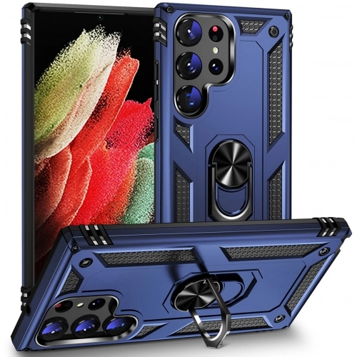 Samsung Galaxy S24 Ultra Kılıf Silikon Zırhlı Standlı Yüzüklü Mıknatıslı Tank Kapak - Lacivert