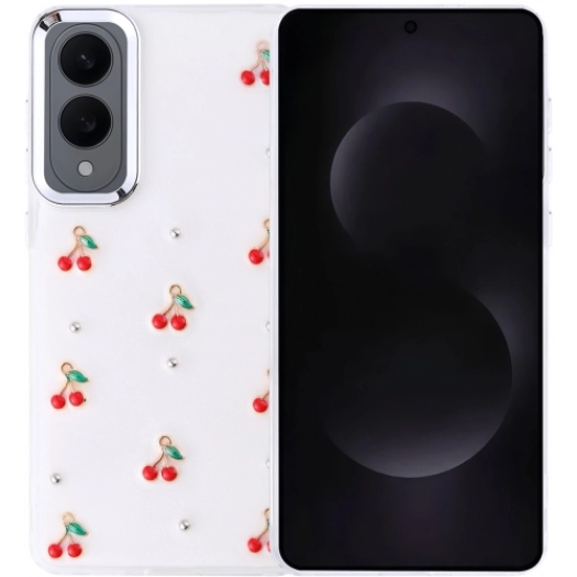 Samsung Galaxy S25 Edge Kılıf Airbag Tasarımlı Desenli Simli Şeffaf Kutup Kapak, Tam Uyumlu - Kiraz