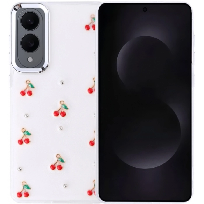 Samsung Galaxy S25 Edge Kılıf Airbag Tasarımlı Desenli Simli Şeffaf Kutup Kapak, Tam Uyumlu - Kiraz