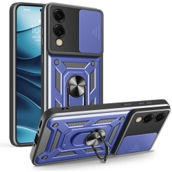 Samsung Galaxy S25 Edge Kılıf Zırhlı Standlı Silikon Sürgülü Kamera Korumalı Tank Kapak - Mavi