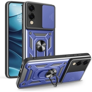 Samsung Galaxy S25 Edge Kılıf Zırhlı Standlı Silikon Sürgülü Kamera Korumalı Tank Kapak - Mavi