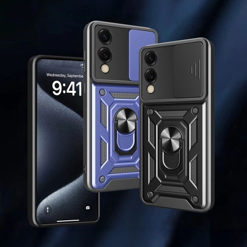 Samsung Galaxy S25 Edge Kılıf Zırhlı Standlı Silikon Sürgülü Kamera Korumalı Tank Kapak - Mavi