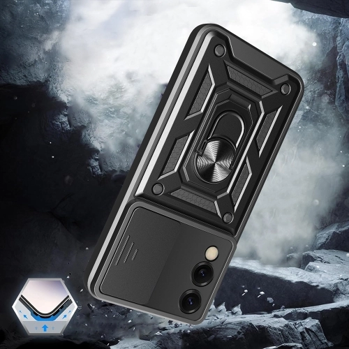 Samsung Galaxy S25 Edge Kılıf Zırhlı Standlı Silikon Sürgülü Kamera Korumalı Tank Kapak - Mavi