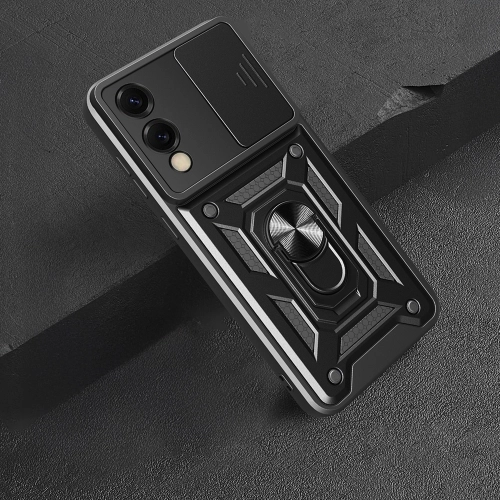 Samsung Galaxy S25 Edge Kılıf Zırhlı Standlı Silikon Sürgülü Kamera Korumalı Tank Kapak - Mavi