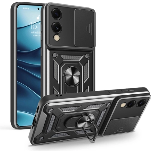 Samsung Galaxy S25 Edge Kılıf Zırhlı Standlı Silikon Sürgülü Kamera Korumalı Tank Kapak - Siyah