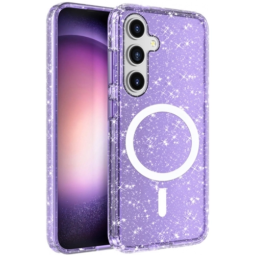 Samsung Galaxy S25 Kılıf Magsafe Şarj Özellikli Parlayan Simli Saydam Renkli Allstar Kapak - Mor