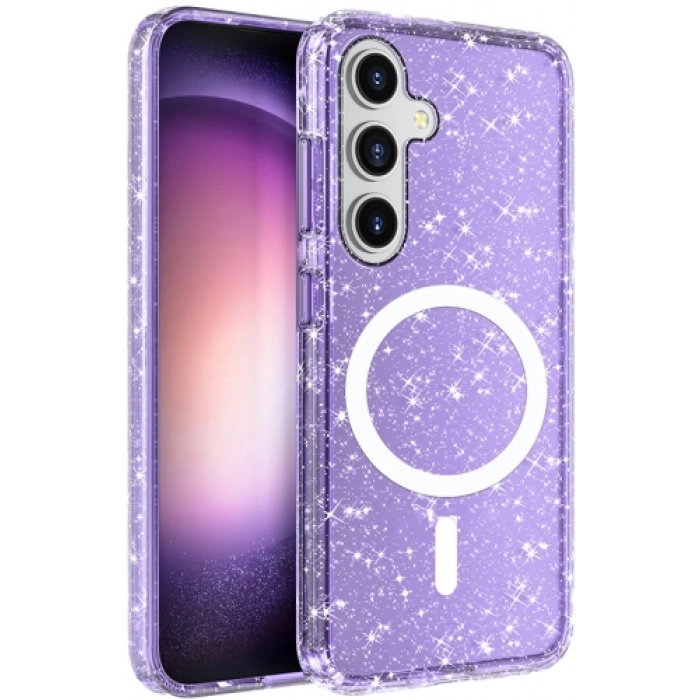 Samsung Galaxy S25 Kılıf Magsafe Şarj Özellikli Parlayan Simli Saydam Renkli Allstar Kapak - Mor