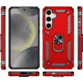 Samsung Galaxy S25 Kılıf Silikon Zırhlı Standlı Yüzüklü Mıknatıslı Tank Kapak - Kırmızı