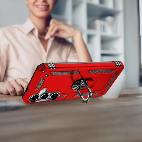 Samsung Galaxy S25 Plus Kılıf Zırhlı Standlı Silikon Sürgülü Kamera Korumalı Tank Kapak - Kırmızı