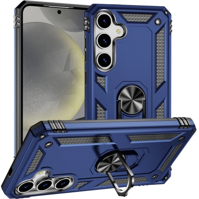 Samsung Galaxy S25 Plus Kılıf Zırhlı Standlı Silikon Sürgülü Kamera Korumalı Tank Kapak - Mavi