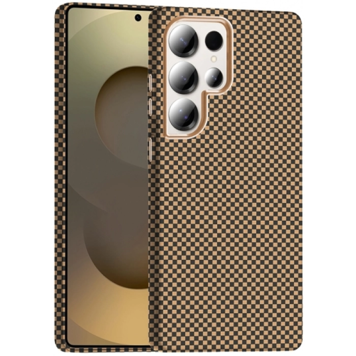 Samsung Galaxy S25 Ultra ile Uyumlu Kılıf MagSafe Şarj Özellikli Karbon Fiber Görünümlü Gros Kapak - Desert Titanyum