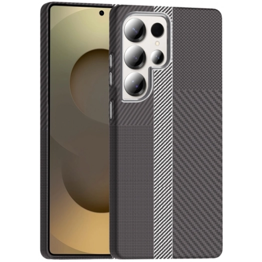 Samsung Galaxy S25 Ultra ile Uyumlu Kılıf MagSafe Şarj Özellikli Karbon Fiber Görünümlü Gros Kapak - Gri-Siyah