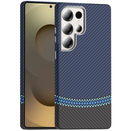 Samsung Galaxy S25 Ultra ile Uyumlu Kılıf MagSafe Şarj Özellikli Karbon Fiber Görünümlü Gros Kapak - Siyah-Lacivert