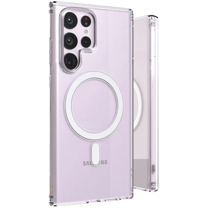 Samsung Galaxy S25 Ultra Kılıf Magsafe Şarj Özellikli Şeffaf Sert PC Embos Kapak - Şeffaf