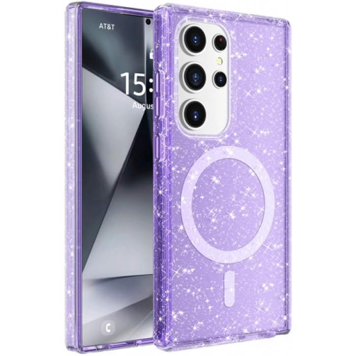 Samsung Galaxy S25 Ultra Kılıf Magsafe Şarj Özellikli Parlayan Simli Saydam Renkli Allstar Kapak - Mor