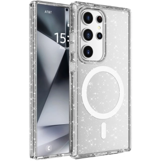 Samsung Galaxy S25 Ultra Kılıf Magsafe Şarj Özellikli Parlayan Simli Saydam Renkli Allstar Kapak - Şeffaf