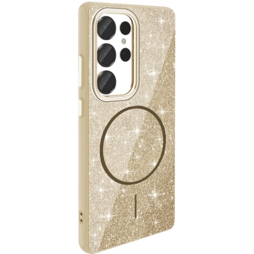 Samsung Galaxy S25 Ultra Kılıf Magsafe Şarj Özellikli Parlayan Simli Silikon Okso Kapak - Gold