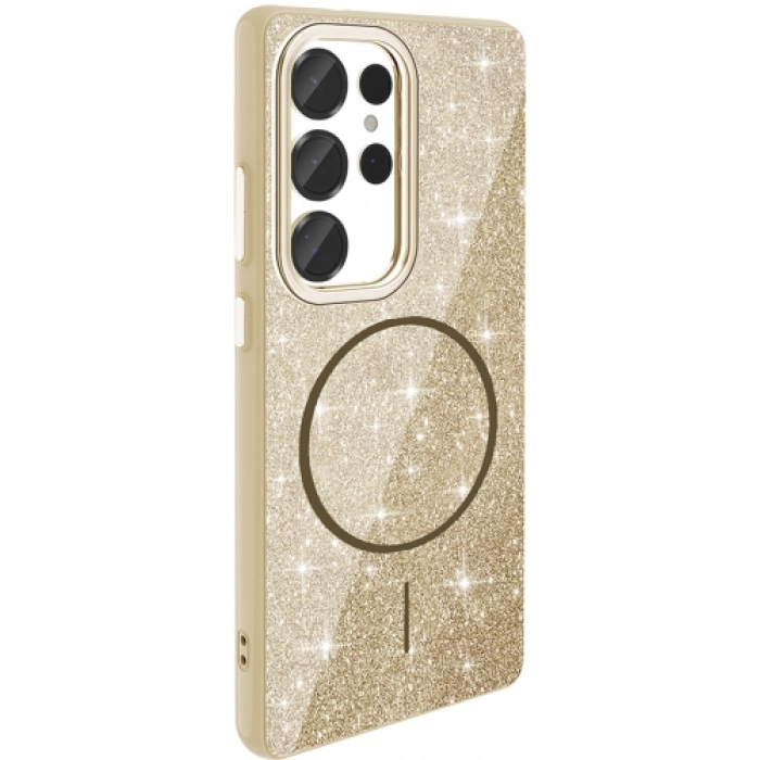 Samsung Galaxy S25 Ultra Kılıf Magsafe Şarj Özellikli Parlayan Simli Silikon Okso Kapak - Gold