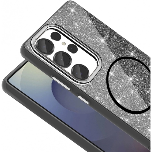 Samsung Galaxy S25 Ultra Kılıf Magsafe Şarj Özellikli Parlayan Simli Silikon Okso Kapak - Koyu Mor