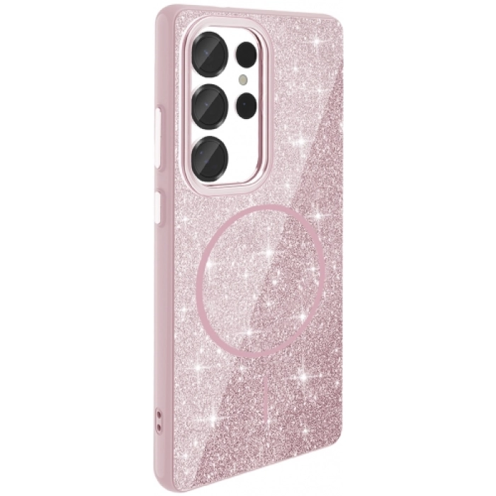 Samsung Galaxy S25 Ultra Kılıf Magsafe Şarj Özellikli Parlayan Simli Silikon Okso Kapak - Pembe