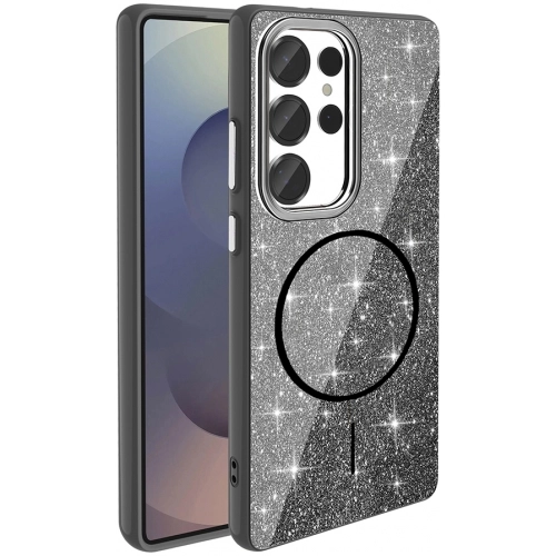 Samsung Galaxy S25 Ultra Kılıf Magsafe Şarj Özellikli Parlayan Simli Silikon Okso Kapak - Pembe