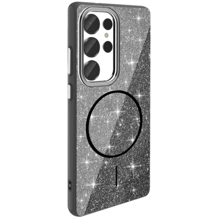 Samsung Galaxy S25 Ultra Kılıf Magsafe Şarj Özellikli Parlayan Simli Silikon Okso Kapak - Siyah