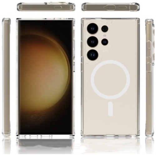 Samsung Galaxy S25 Ultra Kılıf Magsafe Şarj Özellikli Şeffaf Sert PC Embos Kapak - Şeffaf