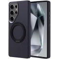 Samsung Galaxy S25 Ultra Kılıf Magsafe Şarj Özellikli Standlı Karbon Fiber Görünümlü TPU Troy Kapak - Siyah