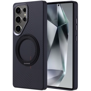 Samsung Galaxy S25 Ultra Kılıf Magsafe Şarj Özellikli Standlı Karbon Fiber Görünümlü TPU Troy Kapak - Siyah