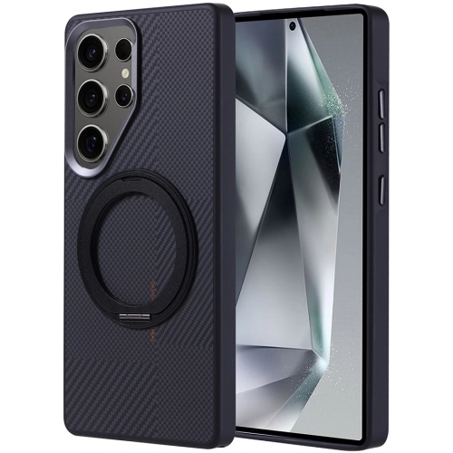 Samsung Galaxy S25 Ultra Kılıf Magsafe Şarj Özellikli Standlı Karbon Fiber Görünümlü TPU Troy Kapak - Siyah