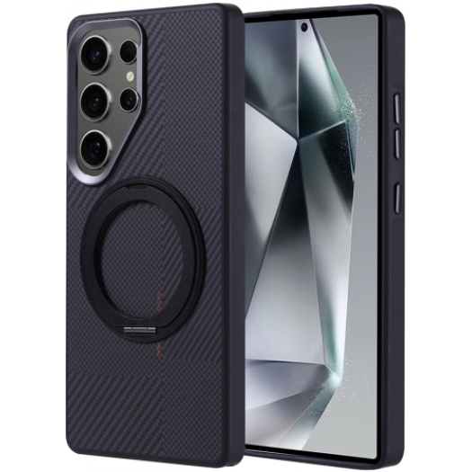 Samsung Galaxy S25 Ultra Kılıf Magsafe Şarj Özellikli Standlı Karbon Fiber Görünümlü TPU Troy Kapak - Siyah