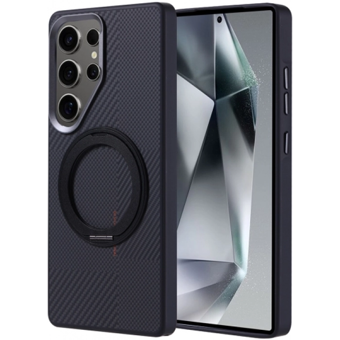 Samsung Galaxy S25 Ultra Kılıf Magsafe Şarj Özellikli Standlı Karbon Fiber Görünümlü TPU Troy Kapak - Siyah