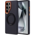 Samsung Galaxy S25 Ultra Kılıf Magsafe Şarj Özellikli Standlı Karbon Fiber Görünümlü TPU Troy Kapak - Siyah