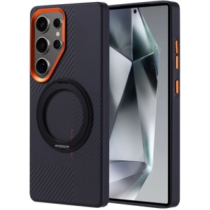 Samsung Galaxy S25 Ultra Kılıf Magsafe Şarj Özellikli Standlı Karbon Fiber Görünümlü TPU Troy Kapak - Siyah