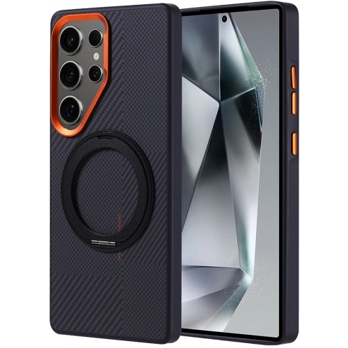 Samsung Galaxy S25 Ultra Kılıf Magsafe Şarj Özellikli Standlı Karbon Fiber Görünümlü TPU Troy Kapak - Siyah
