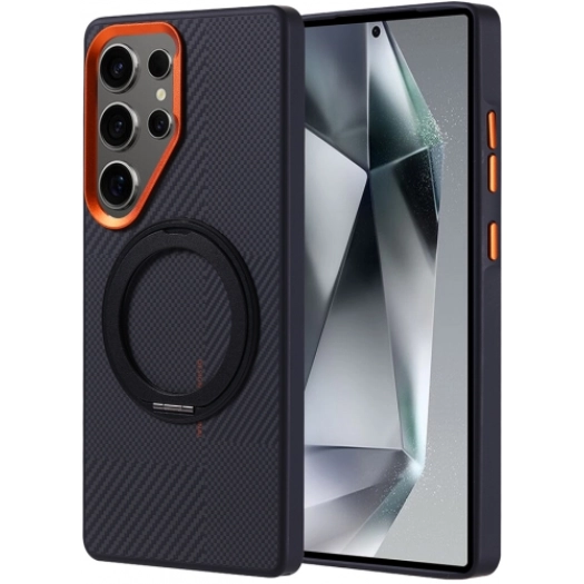 Samsung Galaxy S25 Ultra Kılıf Magsafe Şarj Özellikli Standlı Karbon Fiber Görünümlü TPU Troy Kapak - Siyah