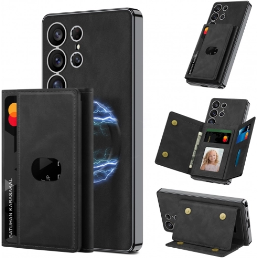 Samsung Galaxy S25 Ultra Kılıf Magsafe Şarj Özellikli Suni Deri Tasarımlı Kıpta Ayrılabilen Kartlıklı Kapak - Siyah